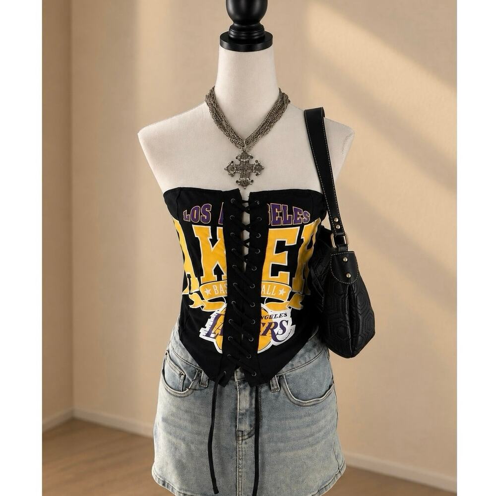 Los Angeles Lakers Lace-Up Corset Tube Top Black Size L NWT